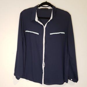 Contrast trim long sleeve collared blouse